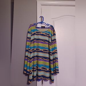 Bob Mackie Wearable Art Tunic Blouse- Sz M Gold Chain Stripe Blue Green Purple
